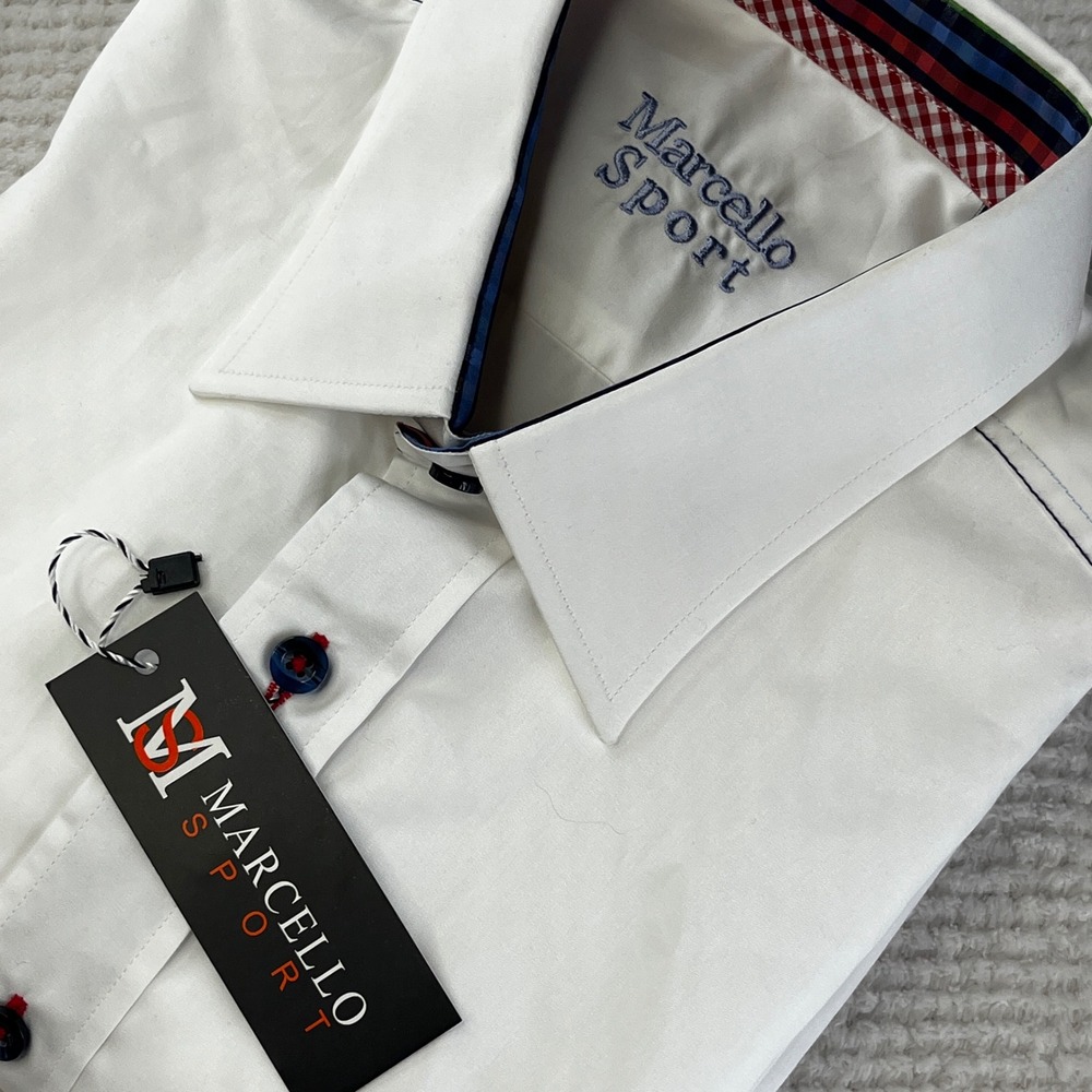 Marcello Sport Mens White Button Down‎ Shirt Plaid Trim Long Sleeve FC-112 NEW